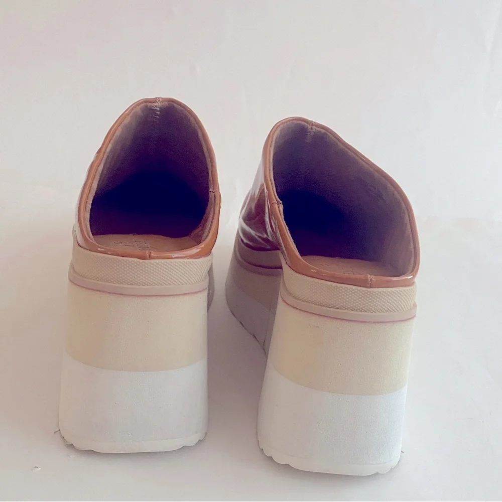 Naked Feet Patent Platform Mules in Cognac and Cream